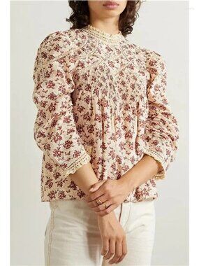 DOEN Annette Floral Blouse Top S Organic Cotton Crochet Lace Pintuck Ruffle